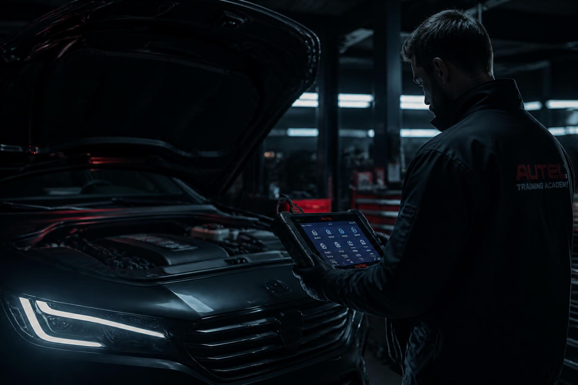 Técnico realizando un diagnóstico electrónico con scanner automotriz en un vehículo moderno con el capó abierto
